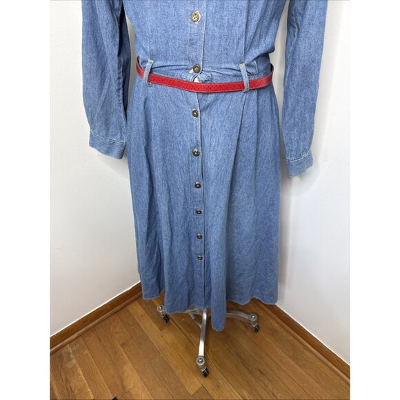 Vintage Denim Dress L 13/14 Western Midi Blue Jean Button Front Belt Cowgirl USA - Picture 3 of 8